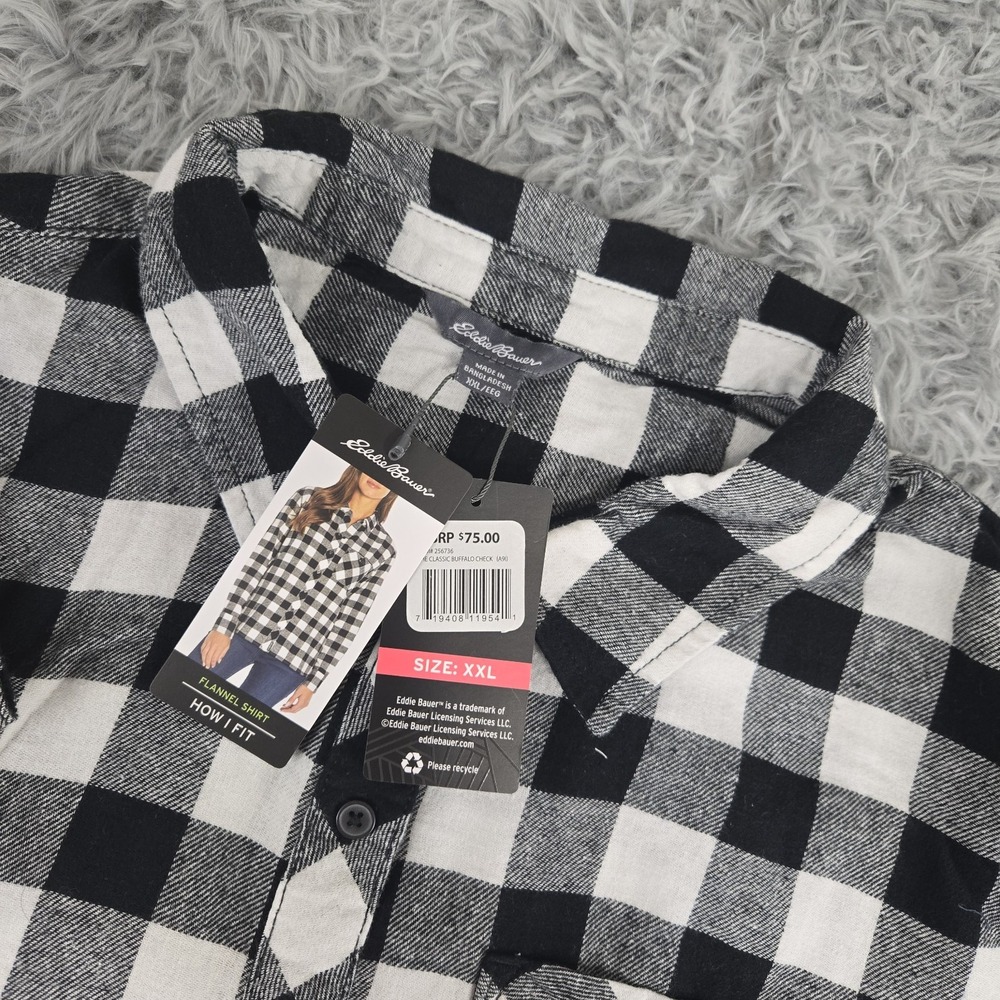Eddie Bauer 256736 Womens 2XL XXL‎ Black/White Classic Buffalo Check L/S Flannel